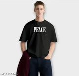 Black cotton blend oversize regular fit men's t-shirt with printed design, short sleeves - size M (38" chest, 27" length), India origin