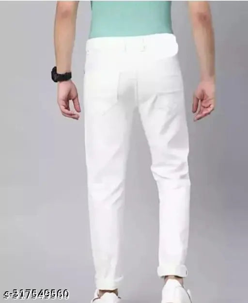 White denim knee-slit jeans by MOD MEN, size 28/30/32 with a ripped net pattern