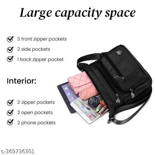 Black nylon waterproof crossbody bag with adjustable shoulder strap, multiple pockets