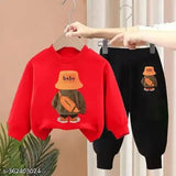 Woolen spring/autumn bear print casual wear set for boys: 2PCs of sweater pullover and bottom clothes for loungewear, sizes 18-10 years