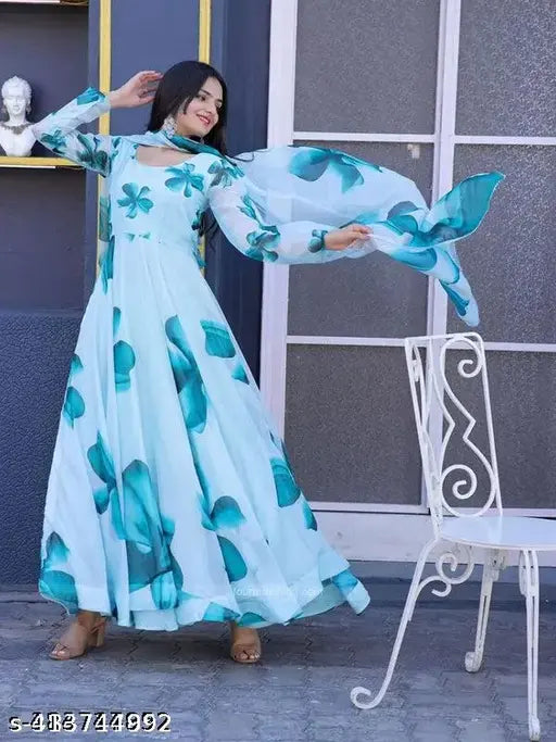 Blue georgette long-sleeve rockway dress with printed net pattern, size S (34in bust, 50in length, 30in waist, 37in hip)