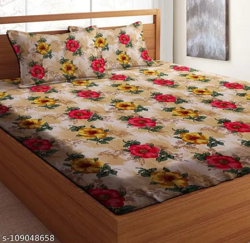 Floral cotton flat sheet, regular quality double bedsheet with 2 pillow covers, ideal for adults. Made in India