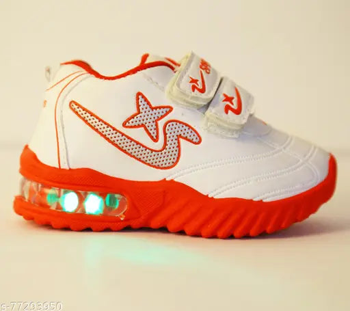 This is a white and red unisex shoe with LED lights, designed for children. It features a casual design suitable for sporty activities