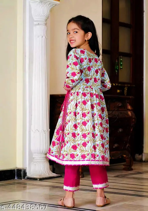 Pink three-quarter sleeve dress with printed pattern, suitable for kids aged 5-14 years. Indian children's fashion wear