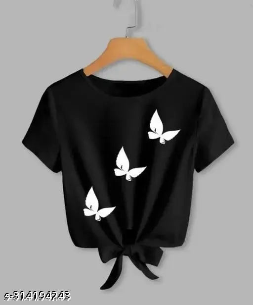 Trendy black lycra crop top with white butterfly print, perfect for girls' fashion