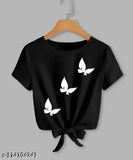 Trendy black lycra crop top with white butterfly print, perfect for girls' fashion