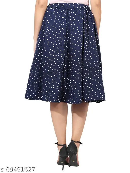 Navy blue, white floral print, polyester, women's mid calf length skirt with panel, small dot pattern