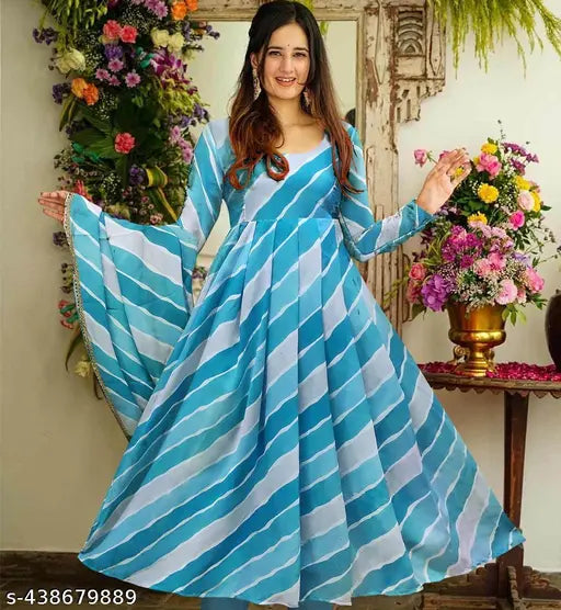 Multi-color anarkali kurta set with dupatta, gota patti style design - high quality georgette fabric, long sleeves - wedding or partywear for women