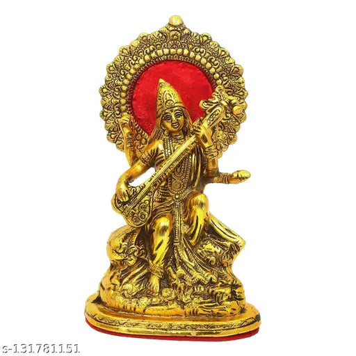 Gold plated metal Saraswati idol, ornate religious decor with a size of 23cm x 8cm x 13cm, perfect for home or office enhancement and special occasion gifts. Well-packed in bubble sheet and temper-proof packet