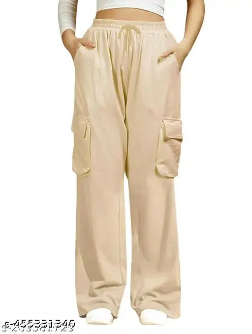Stylish cotton blend cargo pants for women, solid color, elasticized waistband with multiple pockets, S-L sizes