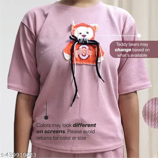 Adorable pink Ohio State teddy bear themed cotton tee for women, girls. Versatile oversized casual loungewear top with cute graphic print