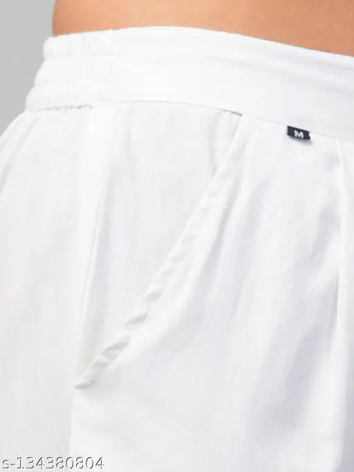 White cotton regular fit casual women's trousers with two pockets