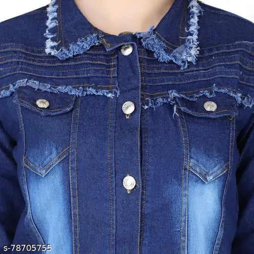 Dark denim women's 3-patti jacket, solid pattern, long sleeves, closure button, India origin