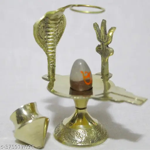 Brass Narmada Stone Shivling with Lota for daily home pooja, 3cm x 10cm x 8cm, Indian origin