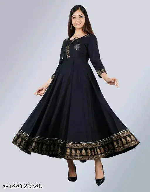 Gold print rayon Anarkali gown with three-quarter sleeves, perfect for women's ethnic wear in soft colors. Beautiful design and patterns, available in various sizes: S (36in), M (38in), L (40in), XL (42in), XXL (44in), XXXL (46in)