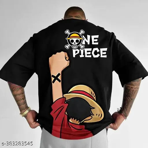 Black cotton blend three-quarter sleeve printed over-size T-shirt, available in sizes S-XL. Close-up image shows the black print on the chest area. Made in India