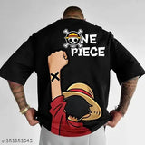 Black cotton blend three-quarter sleeve printed over-size T-shirt, available in sizes S-XL. Close-up image shows the black print on the chest area. Made in India