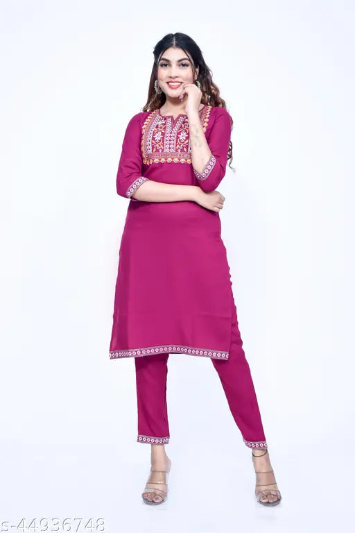 Refined women's rayon kurta set with palazzos, embroidered, three-quarter sleeves. Set includes sizes M-XXXL. Indian craftsmanship