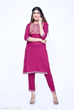 Refined women's rayon kurta set with palazzos, embroidered, three-quarter sleeves. Set includes sizes M-XXXL. Indian craftsmanship