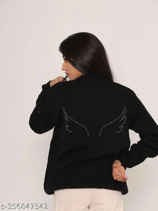 Wool self-design crop sweater with floral print, long sleeves, and round neck - Women's size M, L, XL made in India