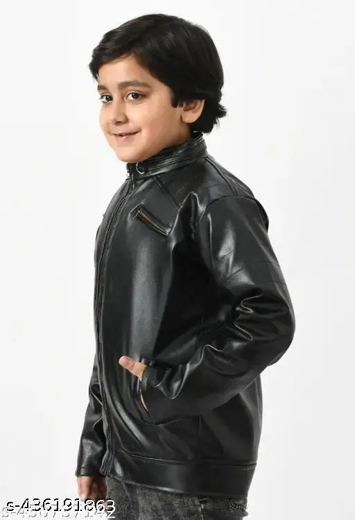 Black leather boys ethnic jacket, zip front