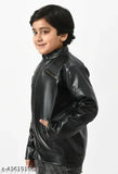 Black leather boys ethnic jacket, zip front