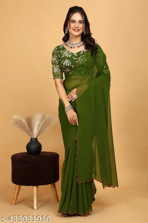 Georgette saree KARISHMA, solid embroidered net, single free size (5.5m length) from India