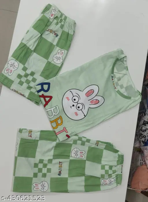 Cotton blend printed nightsuit set with t-shirt, pants, and lower, in three sizes M & L. India-made sleepwear collection