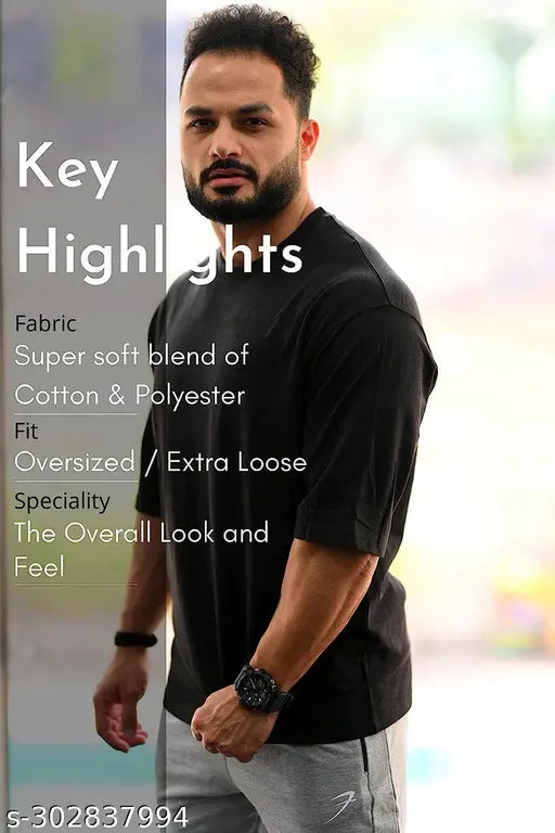 Men's black solid pure cotton oversized round neck t-shirt, short sleeves, size M (Chest 38in x Length 28in), made in India