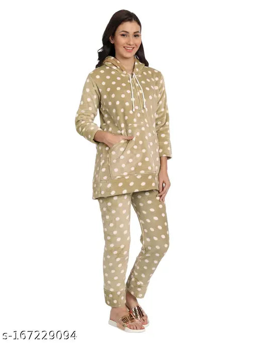 Woolen fur print nightsuit for women, warm and cozy woolen winter nightwear
