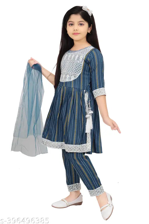 Girls Rayon Anarkali Pyjama Set with Embellished Kurta and Dupatta, Indian clothing for girls aged 5-8 years