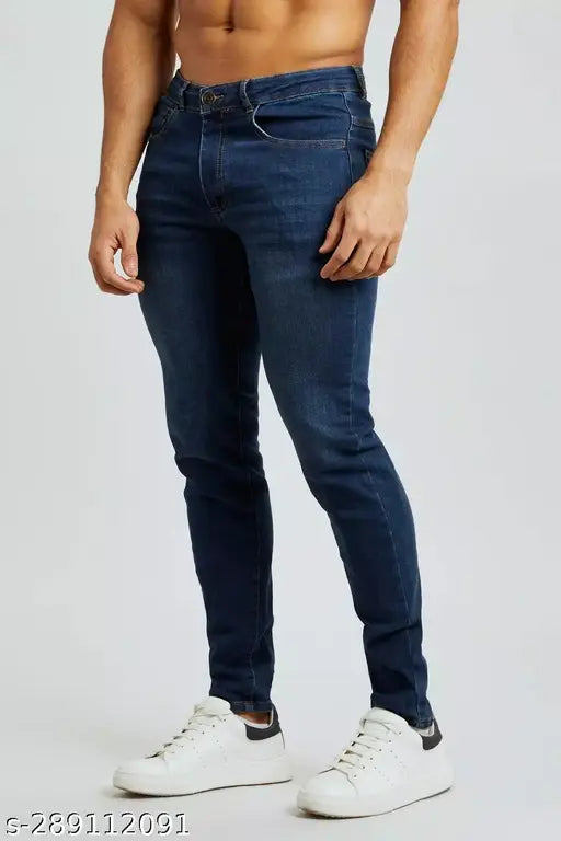 Comfortable blue polycotton slim-fit jeans for men by MARKVIEW, size 28x39 (India)