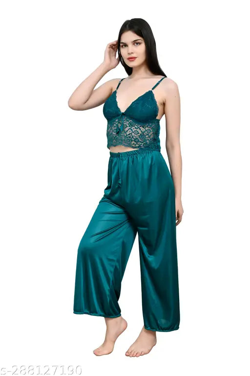 Dark Green satin pyjama set with lace: 3-piece Women's palazzo night suit for comfort at home or work