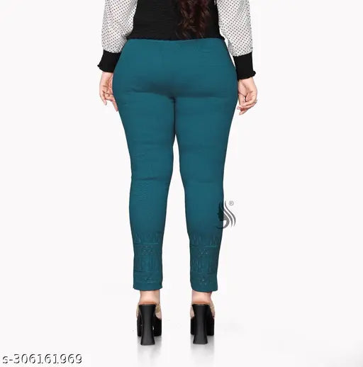 Deep teal knitted cotton-lycra trousers for women, stylish regular fit bottom wear