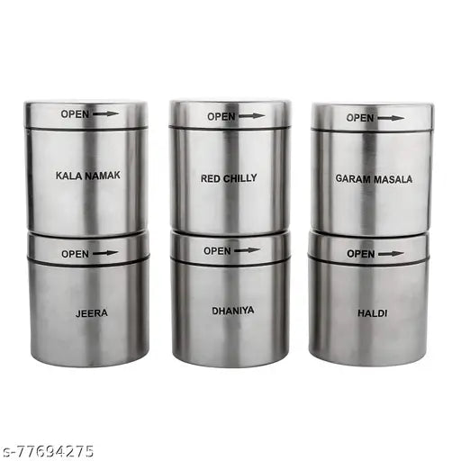 Stainless steel spice box set of 6, with contents like masala, red chili, garlic, garam masala, dhanya, and open; suitable for kitchen accessories, home storage racks