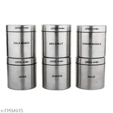 Stainless steel spice box set of 6, with contents like masala, red chili, garlic, garam masala, dhanya, and open; suitable for kitchen accessories, home storage racks