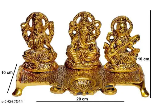 Golden metal idol featuring Ganesha, Lakshmi, and Saraswati, Indian handcrafted figurine (10cm x 10cm x 20cm)