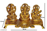 Golden metal idol featuring Ganesha, Lakshmi, and Saraswati, Indian handcrafted figurine (10cm x 10cm x 20cm)