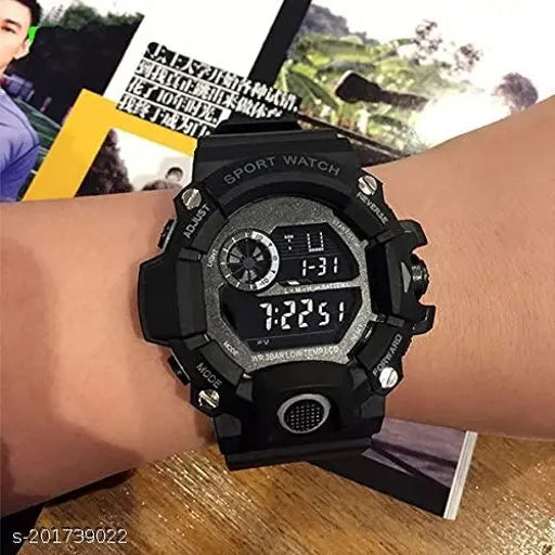 Black digital sports watch with dual time display, military design, shockproof construction, large dial, silicone strap, and outdoor waterproof features