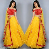 Yellow satin and net semi-stitched lehenga with heavy embroidery work blouse and lace dupatta, India origin