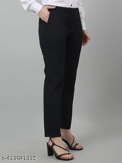 Dark blue cotton non-pleated regular fit mid-rise women's smart straight high-rise formal trousers