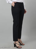 Dark blue cotton non-pleated regular fit mid-rise women's smart straight high-rise formal trousers
