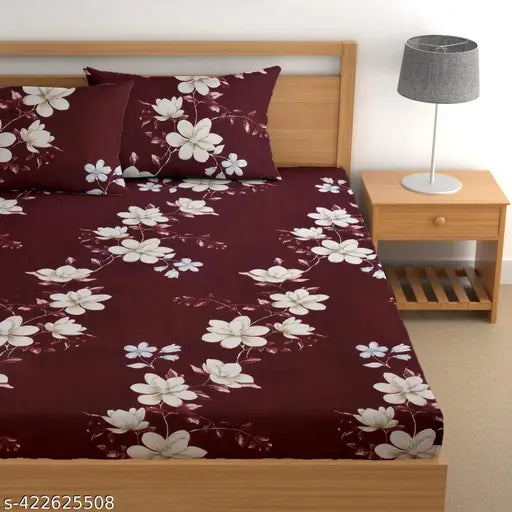 Microfiber floral fitted bedsheet, 180 TC, double size with 2 pillow covers - elegant bedroom essential from BAANI