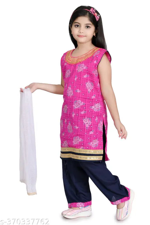 Pink cotton Cambric kids' sleeveless kurti Patiala set with dupatta, printed design on knee-length top, 3-4 years size