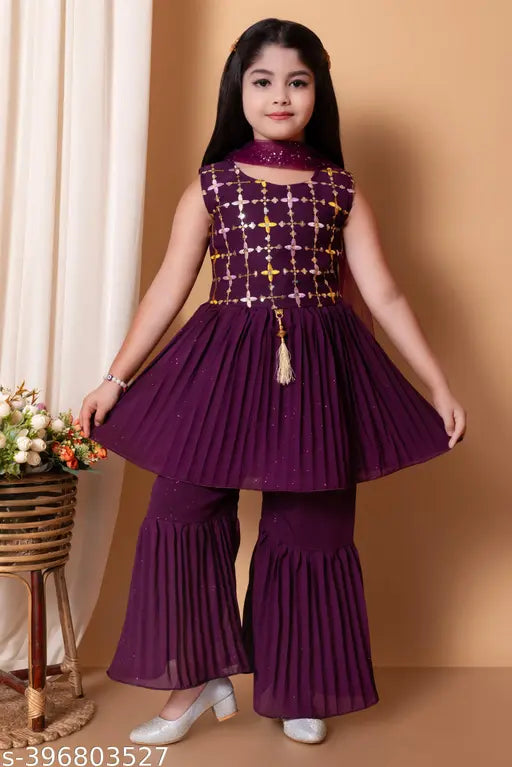 Chiffon Sharara ethnic bottoms, embellished net pattern, Graceful Kids party wear dress for girls, 6-12 years sizes, India origin