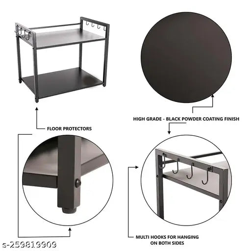 Two-tier metal microwave oven stand with black powder coating and 8 hooks. Suitable for all ovens up to 32 litres