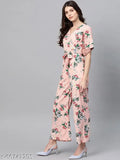 Pastel floral printed women's jumpsuit by Zima Leto, polyester, short sleeves, zipper closure, India