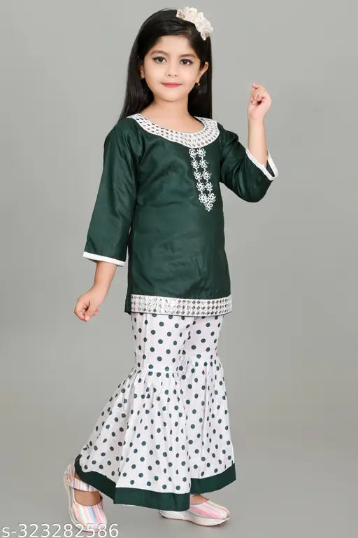 Cotton girls kurta set with A-line palazzo and sharara bottoms, embellished three-quarter sleeves - Indian fashion for every occasion