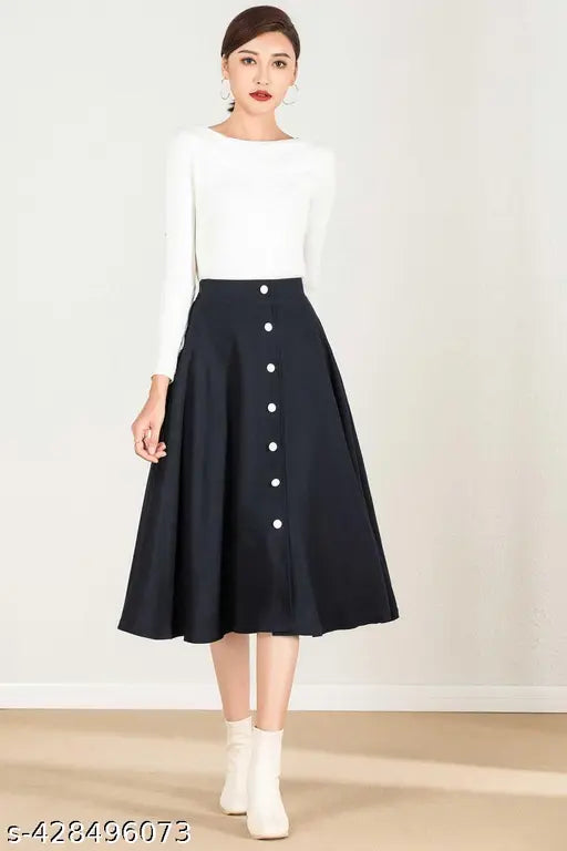 Black skirt, mid-length, knee-length, round hem, peter pan collar, short sleeves