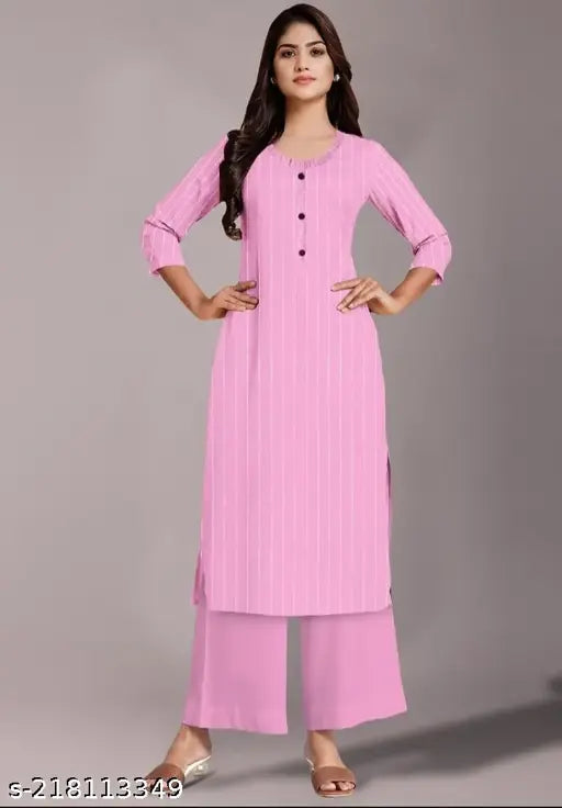 Pink striped cotton kurti palazzo set, single size available in M, L, XL, XXL for casual to formal occasions, made in India
